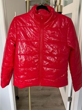 Shiny Red Puffer Jacket with Zip Front